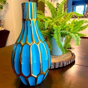 Sagebrook Home Teal blue & gold Ceramic Modern Vase geometric ridge pottery